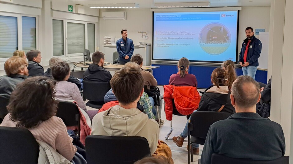 Vortrag_LNDW.jpg Lukas Bayerle (links) und Dominique John (rechts) geben einen Überblick über die Strecke.